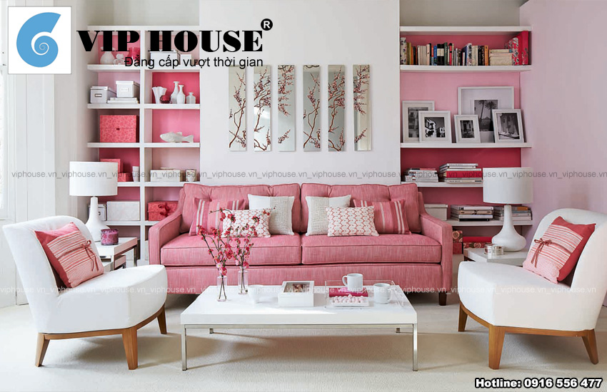 Thiết kế phòng khách duyên dáng với gam màu hồng
